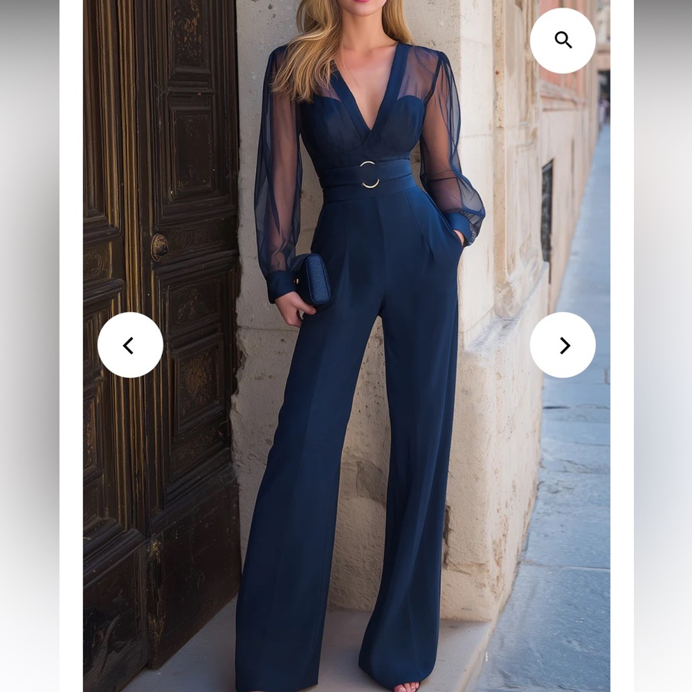 Mooyius Navy Sheer Sleeve Belted Wide-Leg Jumpsuit L